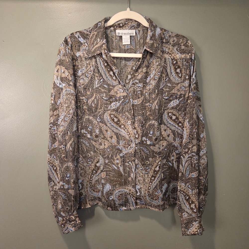 Dress Barn Women's Long Sleeve Button Up Blouse Size L Paisley Print Semi Sheer